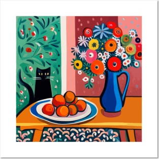 Black Cat with Flowers in a Blue Vase Posters and Art